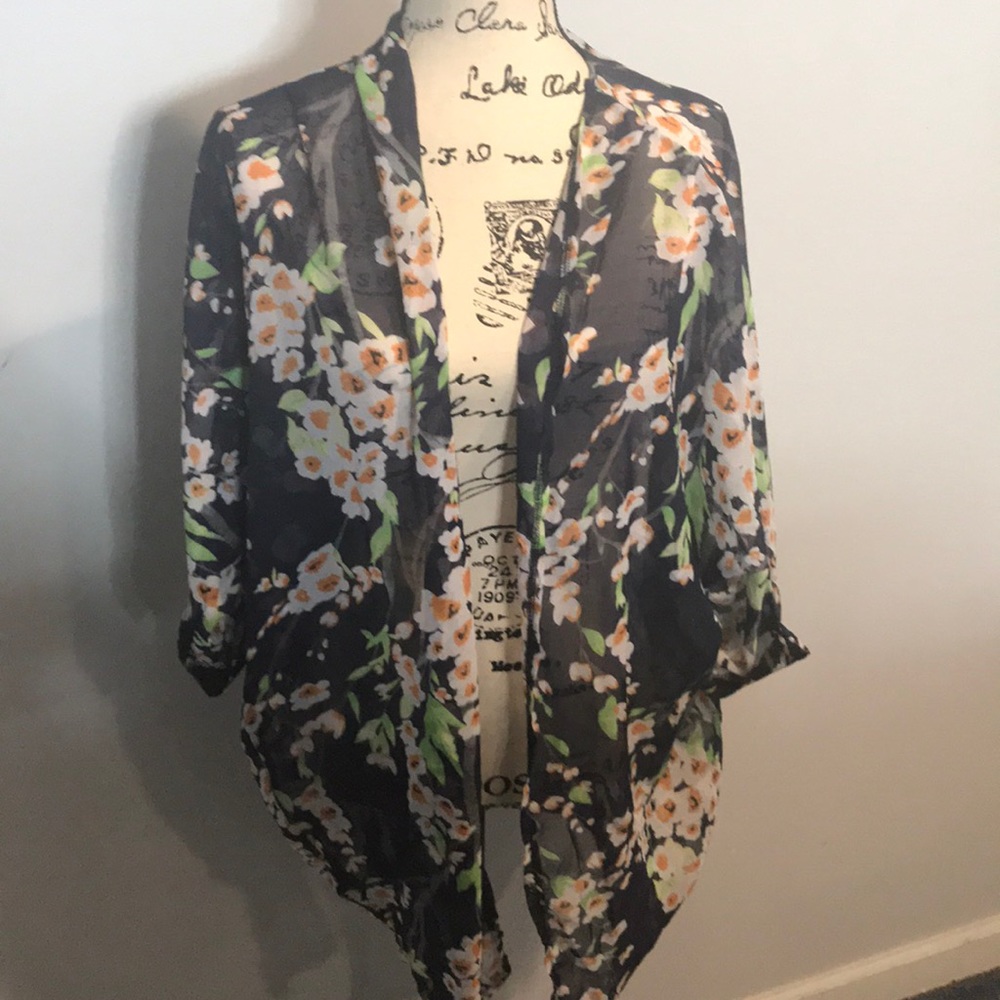 Sheer blue and orange floral kimono size L